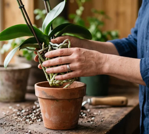 Mains prenant soin avec délicatesse des racines d'une orchidée lors d'une opération de rempotage
