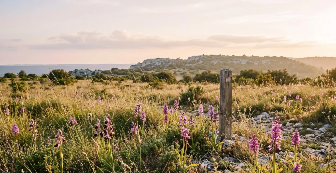 Vue large d'une prairie calcaire protégée en France, parsemée d'orchidées sauvages en fleurs sous une lumière douce de fin de matinée