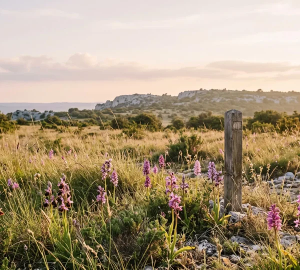 Vue large d'une prairie calcaire protégée en France, parsemée d'orchidées sauvages en fleurs sous une lumière douce de fin de matinée