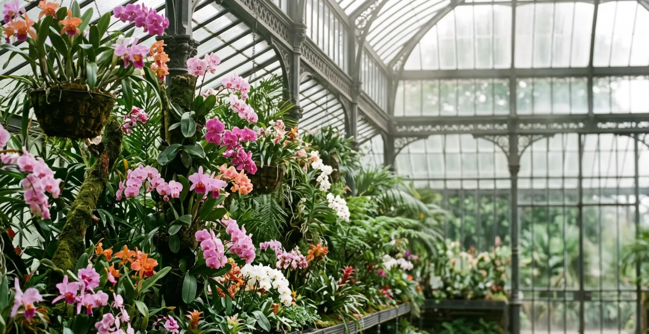 Vue d'ensemble d'une grande serre botanique française abritant une collection foisonnante d'orchidées tropicales sous une verrière lumineuse