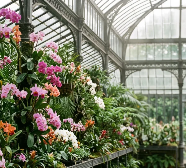 Vue d'ensemble d'une grande serre botanique française abritant une collection foisonnante d'orchidées tropicales sous une verrière lumineuse