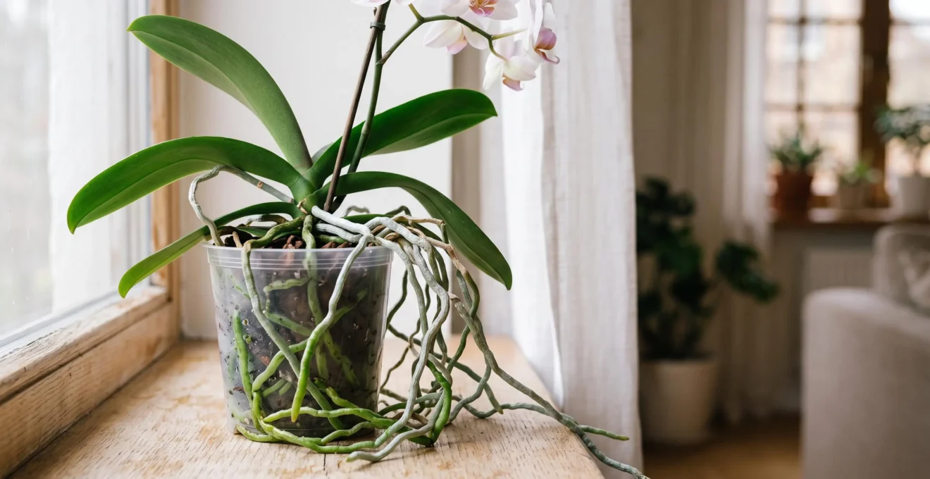 Racines aériennes d'une orchidée Phalaenopsis visibles dans un pot transparent, certaines vertes et fermes, d'autres grises et sèches