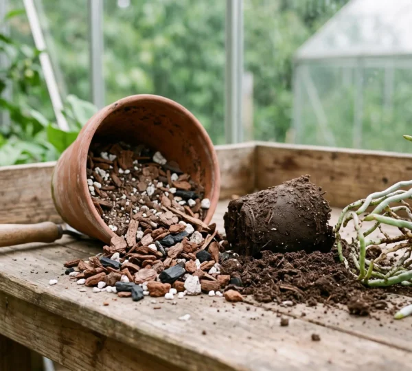 Gros plan éditorial sur un substrat pour orchidées mêlant écorces de pin et fibres, symbolisant la lecture attentive de l'étiquette d'un terreau spécial orchidées