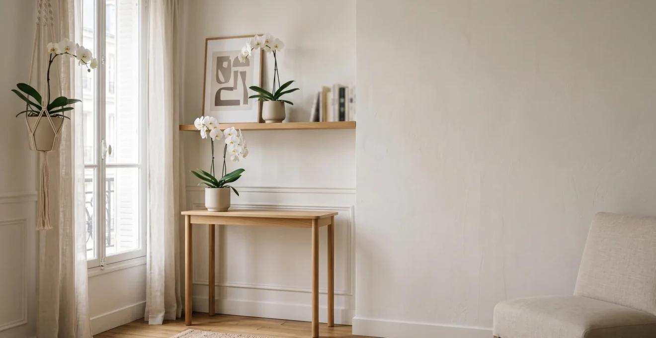 Trois orchidées Phalaenopsis élégamment disposées près d'une fenêtre dans un appartement lumineux et épuré de 40 m²