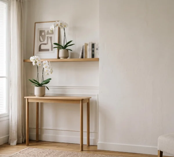 Trois orchidées Phalaenopsis élégamment disposées près d'une fenêtre dans un appartement lumineux et épuré de 40 m²