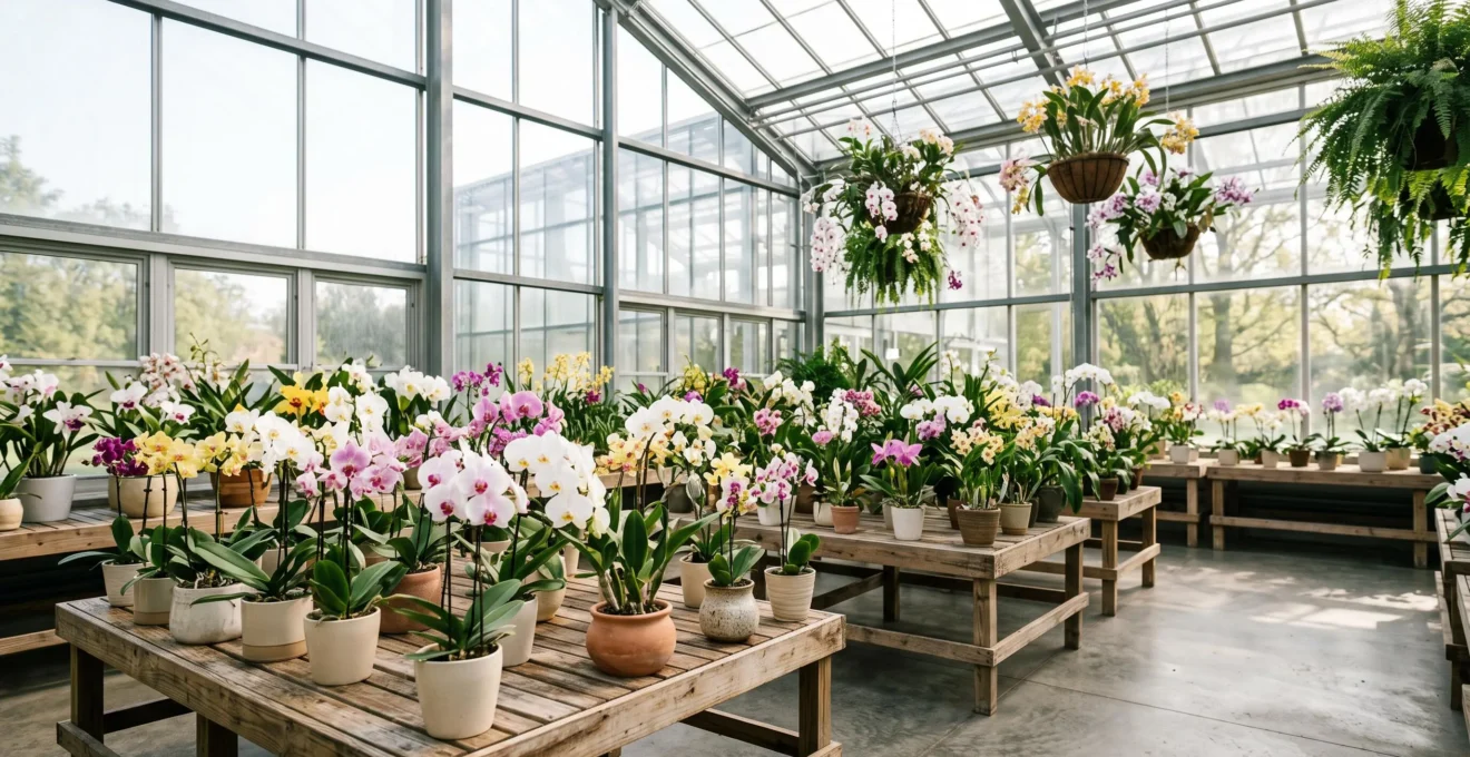 Véranda lumineuse aménagée en jardin d'hiver avec de nombreuses orchidées en fleurs disposées sur plusieurs niveaux