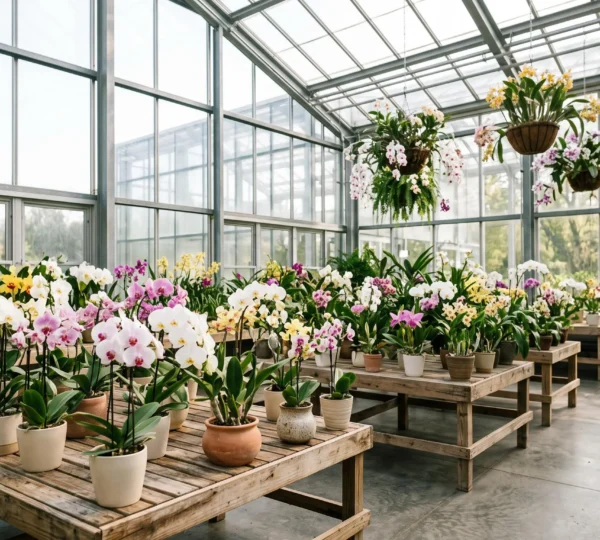 Véranda lumineuse aménagée en jardin d'hiver avec de nombreuses orchidées en fleurs disposées sur plusieurs niveaux