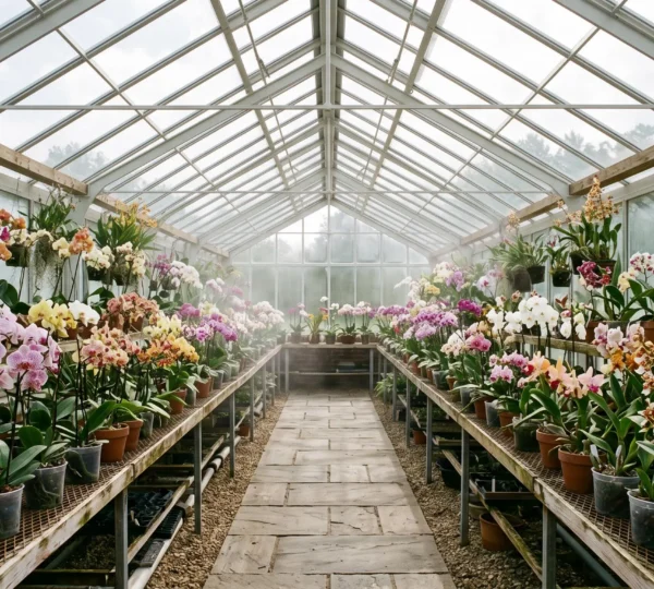 Véranda lumineuse réaménagée en mini-serre organisée avec des rangées d'orchidées sur étagères verticales