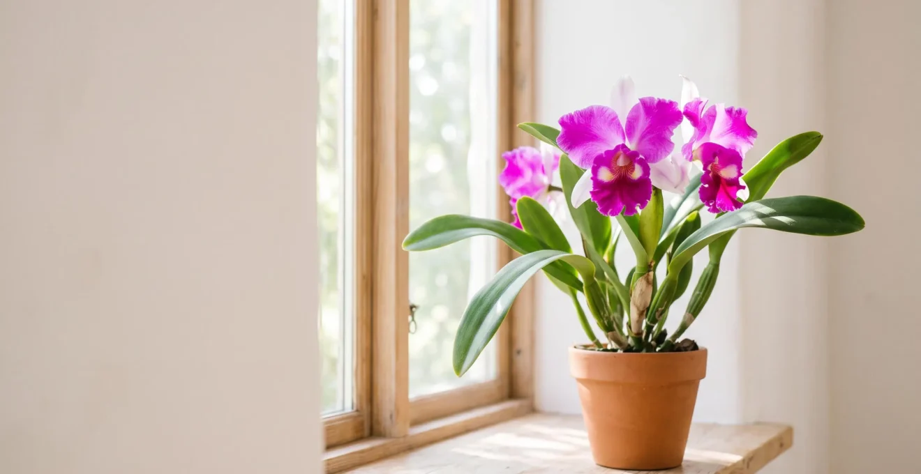Orchidee Cattleya aux grandes fleurs violettes baignee d'une lumiere vive filtree pres d'une fenetre