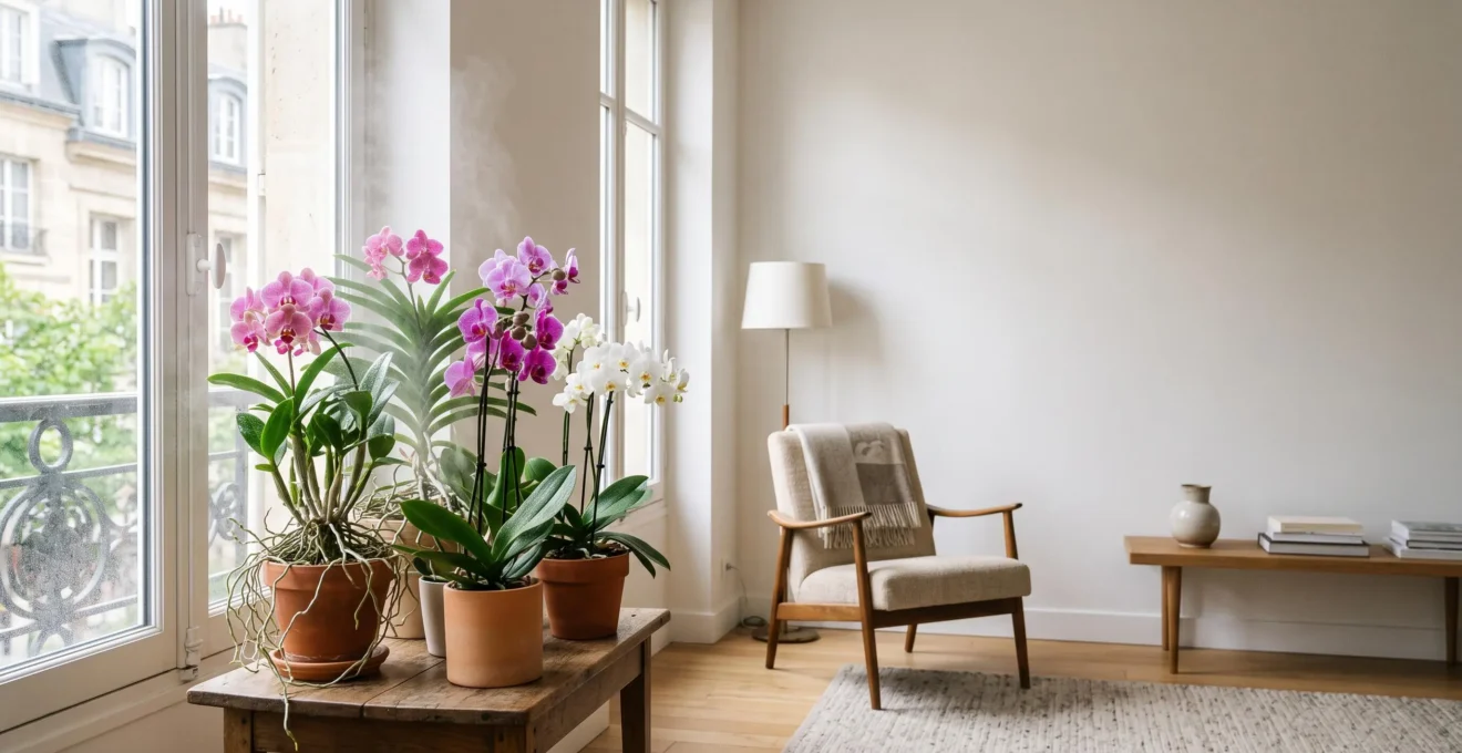 Coin de salon lumineux avec des orchidées tropicales entourées d'une légère brume d'humidité, contrastant avec le reste de l'appartement sec et épuré