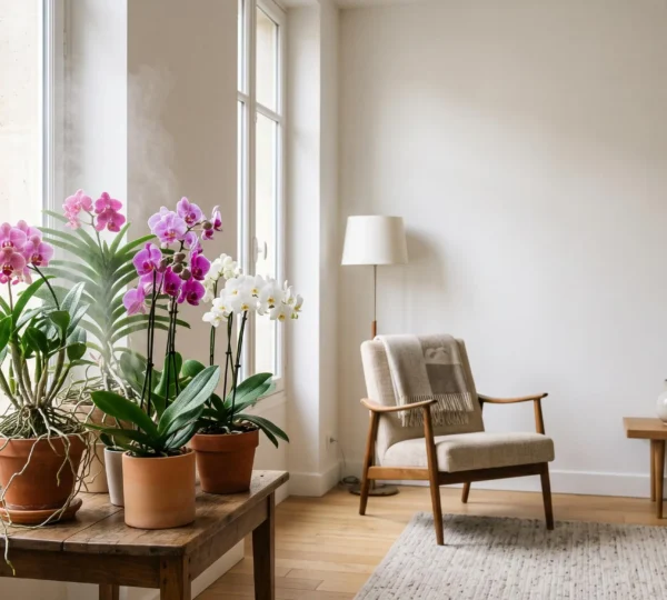 Coin de salon lumineux avec des orchidées tropicales entourées d'une légère brume d'humidité, contrastant avec le reste de l'appartement sec et épuré