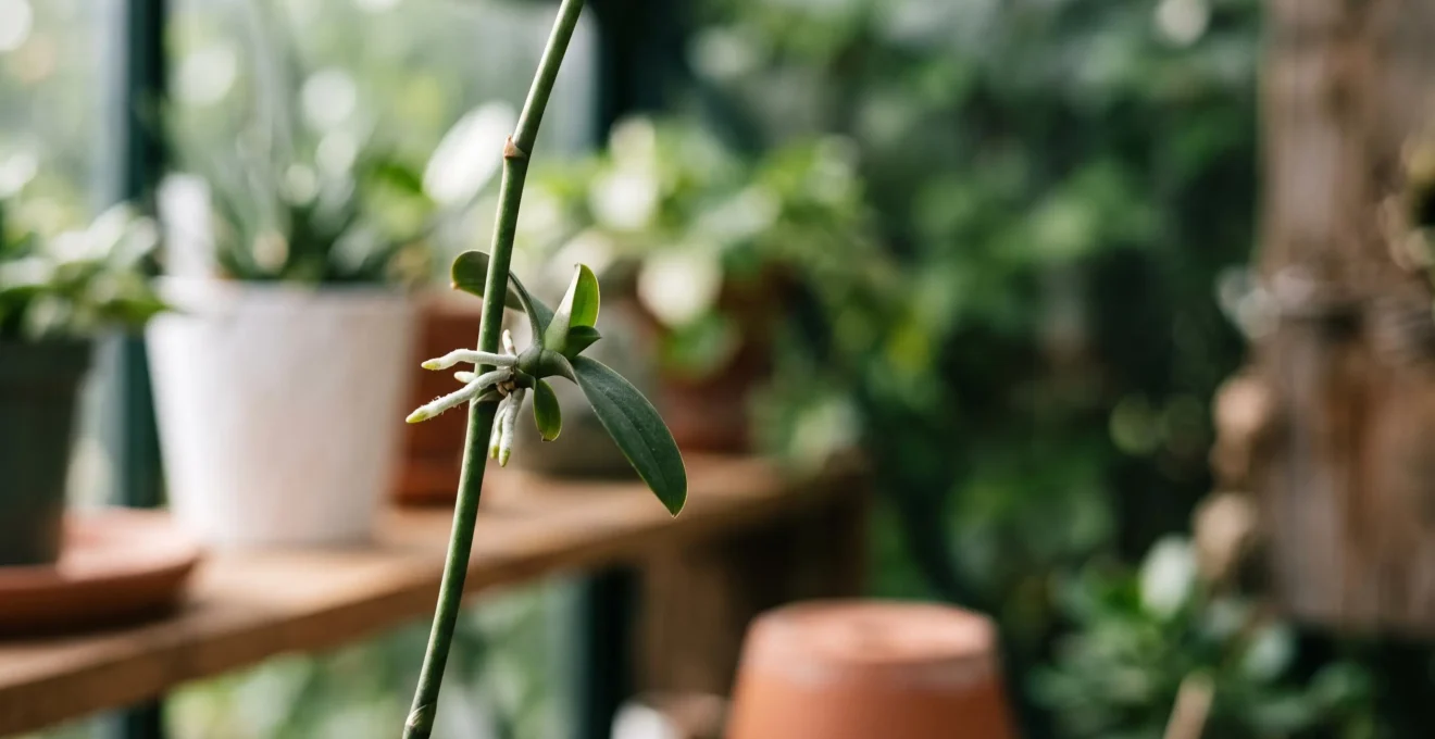 Jeune keiki d'orchidée avec ses racines aériennes se développant sur une hampe florale, symbole de multiplication végétale