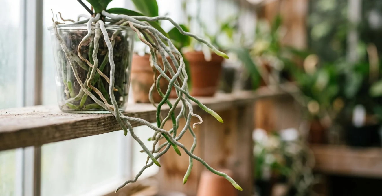 Gros plan artistique sur les racines aériennes argentées et vertes d'une orchidée Phalaenopsis suspendues hors d'un pot transparent