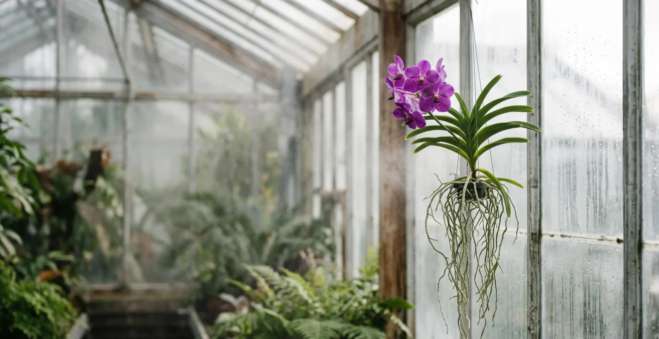 Orchidée Vanda suspendue avec ses racines aériennes libres dans un intérieur lumineux et humide
