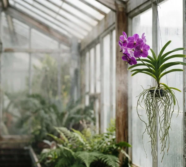 Orchidée Vanda suspendue avec ses racines aériennes libres dans un intérieur lumineux et humide